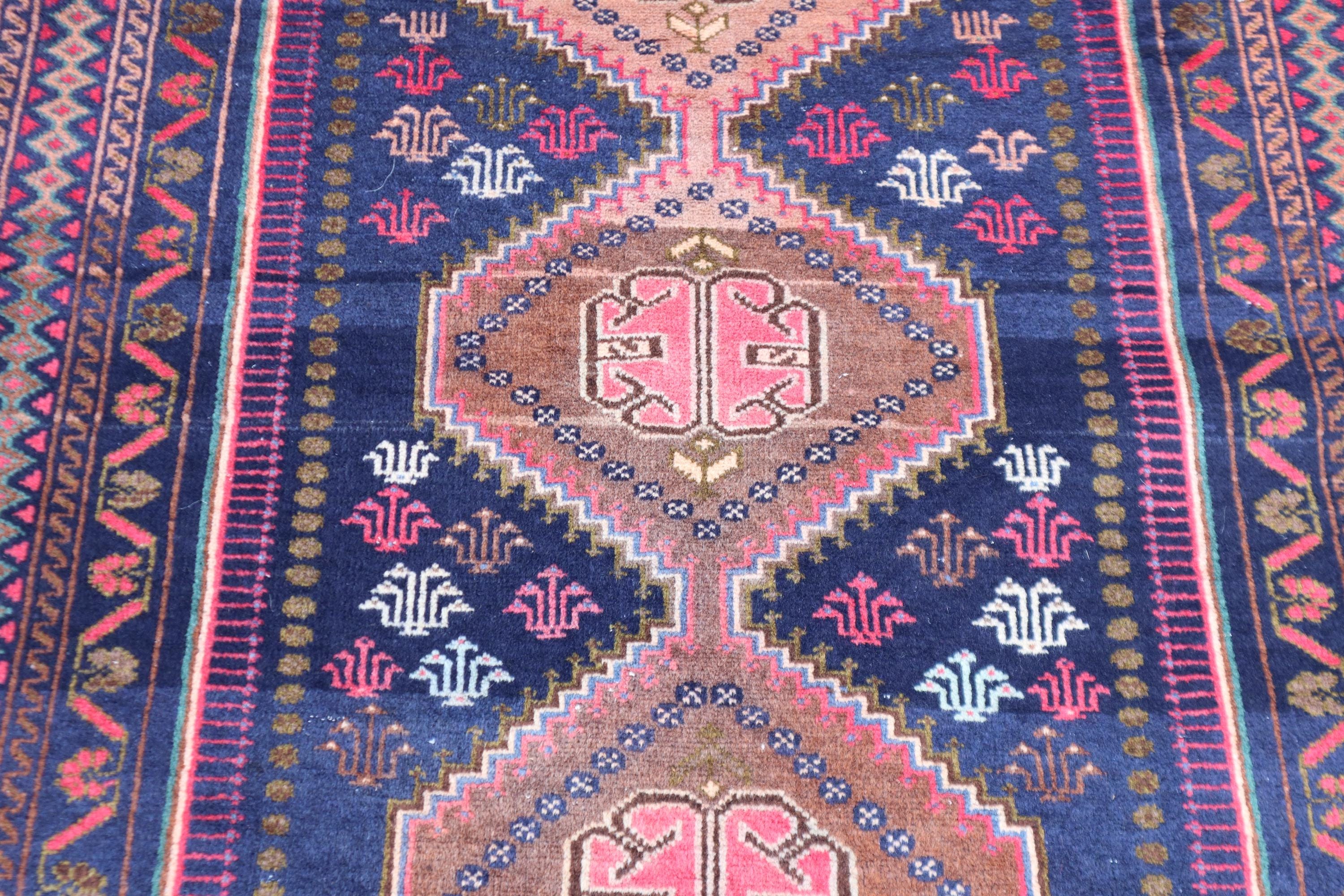 9'8 x 3フィート ネイビーブルー ヴィンテージ ランナーラグ アフガン