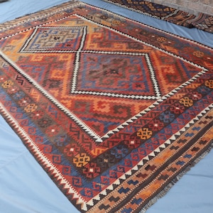 1950s Antique Kilim Rug 9.6x6.5 Terracotta Vintage faded Afghan Handmade Flatweave Tribal Turkmen Rug - Oriental Wool Boho Rug - Bedroom Rug
