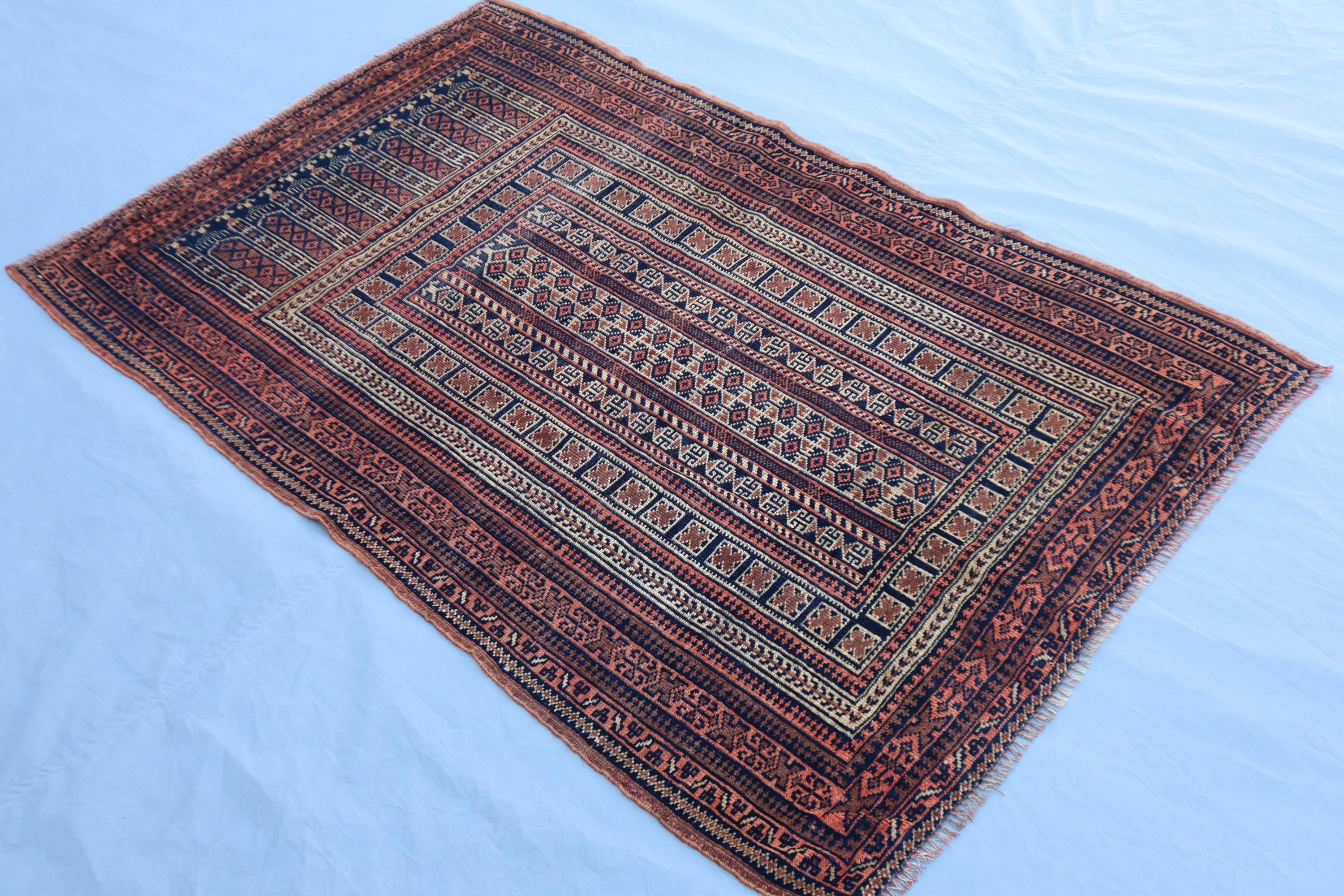 Antique Baluchi Tribal Rug – Afghan Prayer Design, Rust Navy Wool ...