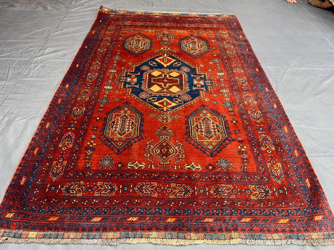 Vintage Afghan Wool Rug – 6.6x4.2 Ft, Red Navy Geometric Medallion - Etsy