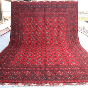 9.10x6.11 Ft Afghan Bokhara Tekke Gul Pattern Rug | Oriental Afghan Tribal Hand-Knotted Wool Area Rug | Bedroom Red Rug | Rug For Home Decor