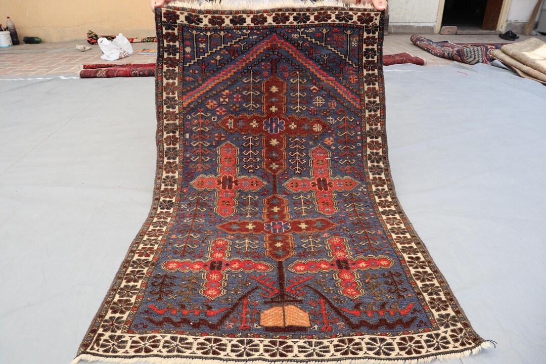 Vintage Afghan Baluchi Prayer Rug – Tribal Wool Area Rug – Blue & Red ...