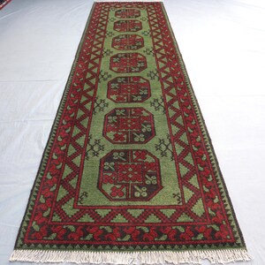 9.8x2.8 Ft Afghan Tekke Ersari Runner Rug/ Oriental Low Pile Filpae Rug/ Handmade Wool Green Runner Rug/ Turkmen Tribal Rug/ Hallway Rug