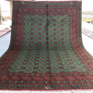 9.5x 6.8 Ft Afghan vintage  Rug/ Fine Quality Turkmen Bokhara Rug Oriental Green Bukhara Rug Afghan Handmade Wool pile  Rug Living Room Rug