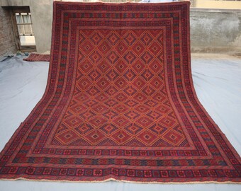 Vintage Afghan Baluch Rug – Red, Blue Diamond, Tribal Wool Carpet