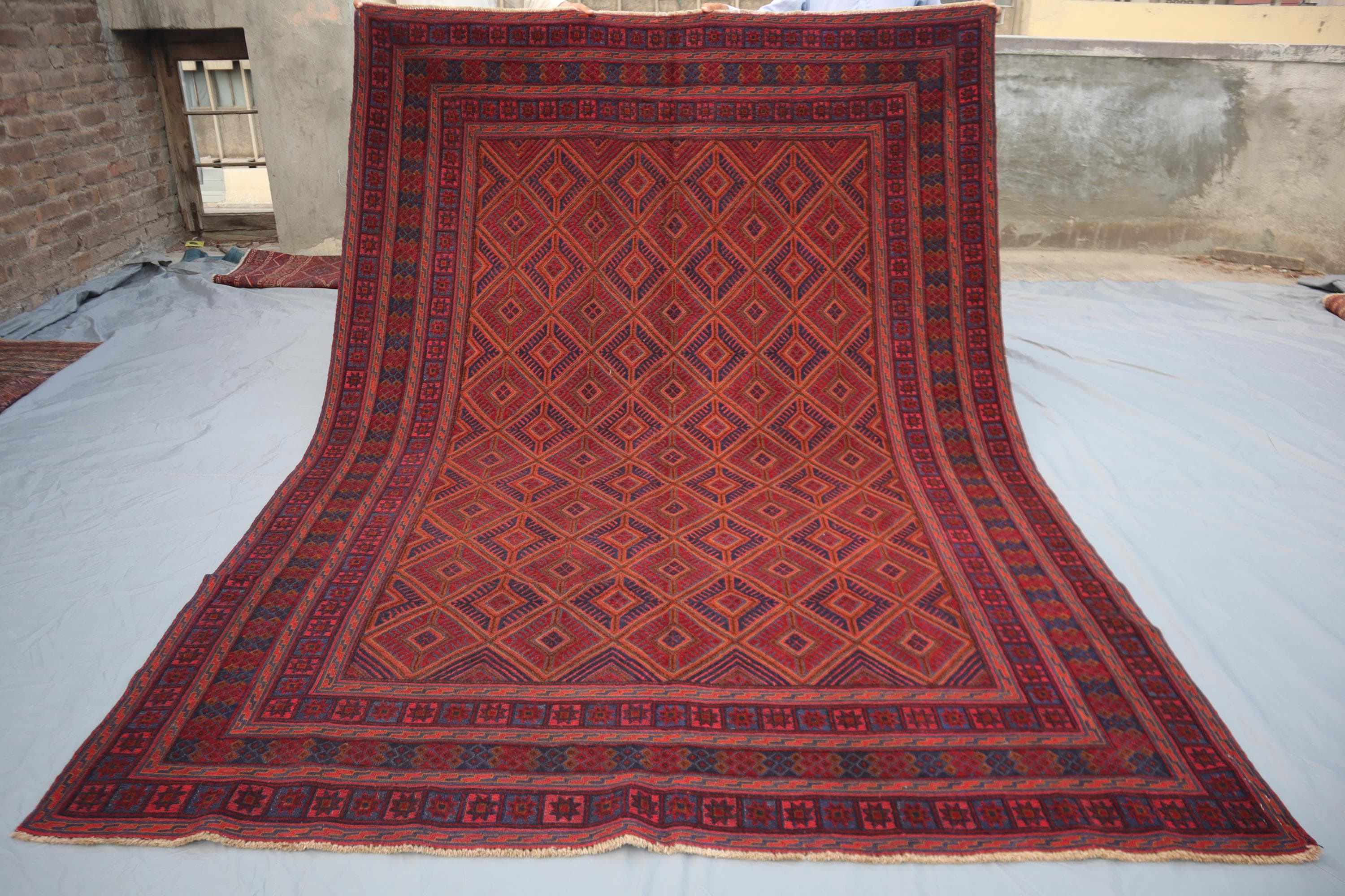 Vintage Afghan Baluch Rug – Red, Blue Diamond, Tribal Wool Carpet