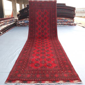 9.6x2.10 Ft Mouri Gul Runner Rug/ Afghan Bukhara Vintage Rug/ Handmade Wool Rug/ Oriental Turkmen Tribal Red Rug/ Hallway Runner 289x85 Cm