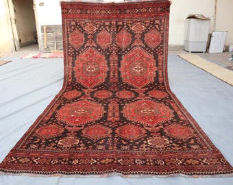 Antique Turkmen Red Wool Area Rug, Oriental Tribal Carpet (8.9x4.8