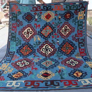 Square Pictorial Art Suzani Kilim 6.5x6.5 Ft Hanmade wool rug/ Turkish Ersari Design Rug/ Afghan Tribal Kilim/ Uzbak Area Kilim/ 195x195 Cm