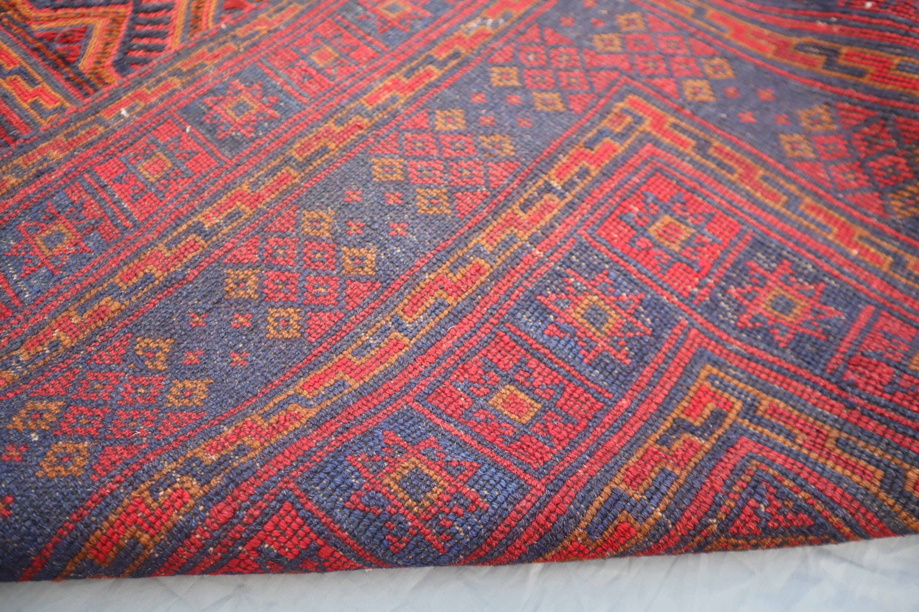 Vintage Afghan Baluch Rug – Red, Blue Diamond, Tribal Wool Carpet