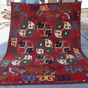 6.7x5.3 Ft Afghan Suzani Kilim/ Flatweave Kilim Rug/ Vintage Uzbak Suzani kilim/ Red Pictorial Rug/ Handmade Wool Rug/ wall hanging Carpet