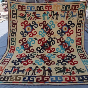 6.4x5.7 Beige Suzani Kilim Rug/ Afghan Tribal Oriental Vintage Wool Area Rug/ Geometric Area Pictorial Art Rug/ Wall Hanging Kilim Deco Rug