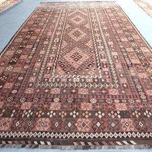 14.9x7.8 Ft Large Size Terracotta Vintage Afghan Kilim Rug/ Oriental Flatweave Pure Wool Rug/ Geometric Area Tribal Rug/ Home Deco Kilim Rug