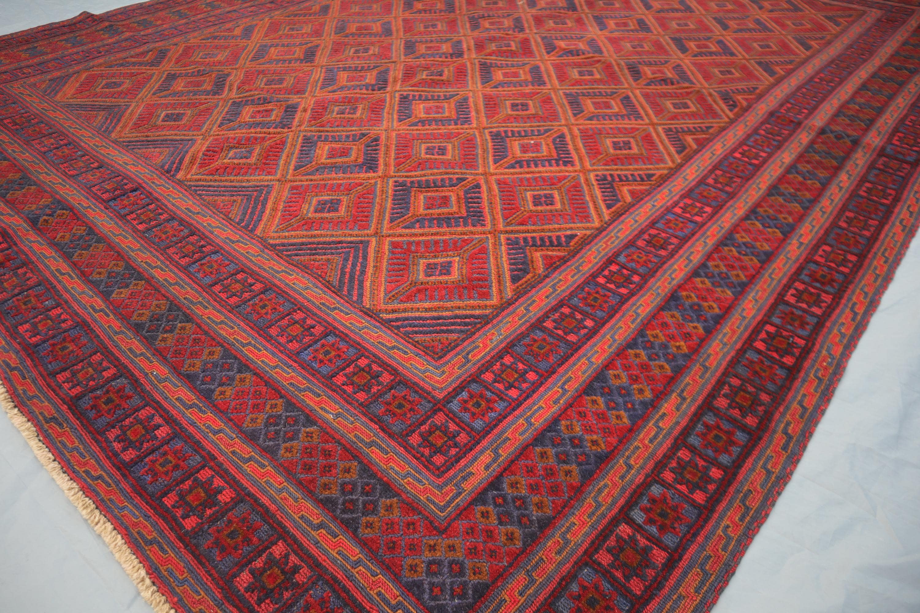 Vintage Afghan Baluch Rug – Red, Blue Diamond, Tribal Wool Carpet