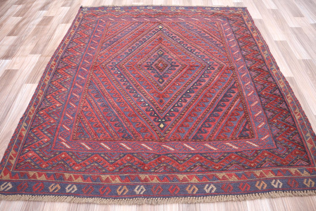 Vintage Hand-knotted Wool Rug – 4.5x3.4 Ft Afghan Mashwani Barjesta Rug ...