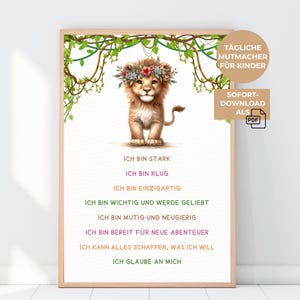 Póster de afirmación con motivo de león: regalo motivacional para la inscripción escolar, cumpleaños, decoración de habitación infantil con ánimo de safari | Descarga instantánea A4