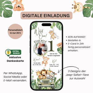Invitación de cumpleaños infantil "Wild One" con foto | Tarjeta de invitación digital personalizada para el primer cumpleaños | Tarjeta de WhatsApp Jungle Safari
