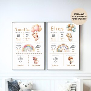 Carta astral personalizada con osito de peluche | Póster de nacimiento bohemio | Arte mural con detalles del zodiaco | Anuncio de nacimiento | Regalo con foto de nacimiento