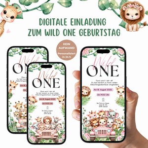 Invito di compleanno digitale "Wild One Girl Safari" | Invito di compleanno personalizzato per bambini a tema giungla | Invito elettronico per festa nella giungla