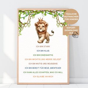 Póster de afirmación con motivo de león: regalo motivacional para la inscripción escolar, cumpleaños, decoración de habitación infantil con ánimo de safari | Descarga instantánea A4