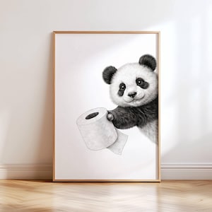 Funny Panda Bathroom Wall Art | Panda Holding Toilet Paper Restroom Poster | Animal Illustration Print |