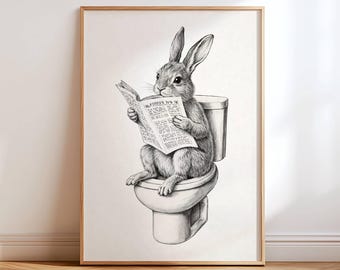 Retro konijn op toiletprint | Eigenzinnige badkamermuurkunst | Grappig toiletdecor | Digitale download |