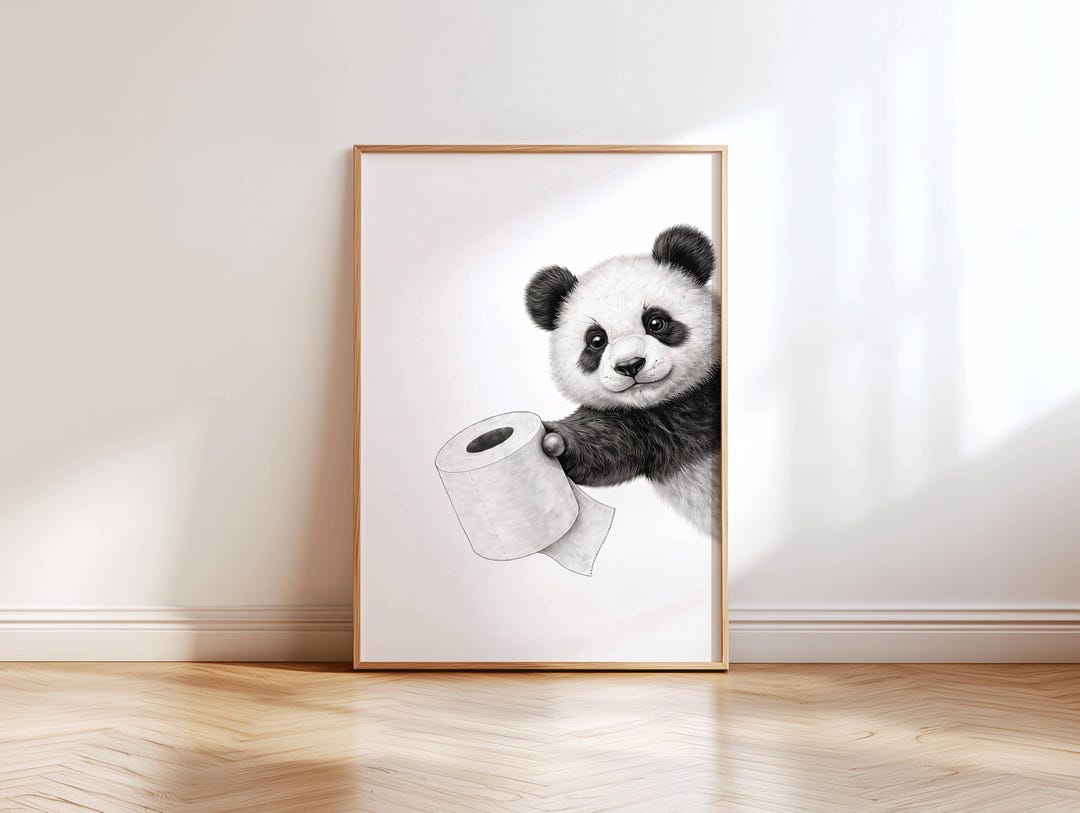 Funny Panda Bathroom Wall Art | Panda Holding Toilet Paper Restroom ...