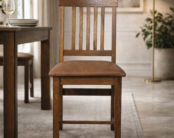 Solid Mango Wood Leather Dining Chair Slatted Back Amber Oak Seat Modern Rustic Dining Room Chair Handmade Wooden Kitchen Seating Chair