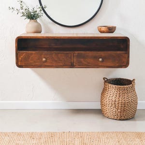Wall Mounted Solid Mango Wood Console Table – 2 Drawer Floating Storage Shelf