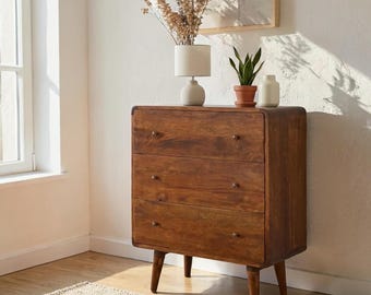 Handcrafted Mango Wood Dresser – 3 Drawer Chest with Curved Design, Mid Century Storage Cabinet, Bedroom Organizer, Solid Wood Furniture