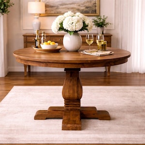 Handcrafted Solid Mango Wood Round Dining Table – Pedestal Base Kitchen Table, Rustic Farmhouse Modern Dining Room Furniture