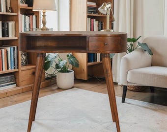 Chestnut Solid Mango Wood Writing Desk, Rounded Mid Century Office Desk, Minimalist Home Workstation, Nordic Legs Wooden Study Table,