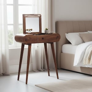 May include: A mid-century modern style vanity table made of dark wood. It features a flip-top mirror, a small drawer, and slender, angled legs. The table is approximately 30 inches tall and is placed near a window.