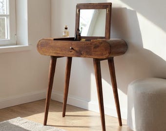 Handcrafted Mango Wood Vanity Table – Round Foldable Mirror Dressing Table with Drawer Storage, Small Bedroom Makeup Desk Chestnut Finish