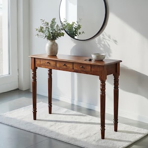 Handcrafted Solid Mango Wood Console Table  Chestnut Finish Entryway Table with Brass Knobs,3 Drawer Storage,Rustic Modern Hallway Furniture