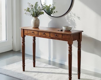 Handcrafted Solid Mango Wood Console Table  Chestnut Finish Entryway Table with Brass Knobs,3 Drawer Storage,Rustic Modern Hallway Furniture