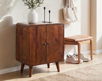 Mini Solid Mango Wood Cabinet Chestnut Finish,2 Door Storage Unit with Shelves,Nordic Legs,Handmade Wooden Side Cabinet, Living Room Storage