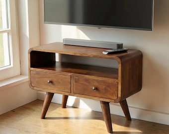 Solid Mango Wood Media Console with Drawers & Shelf – Small TV Stand Storage Unit Chestnut Mango Grey Modern Living Room Furniture