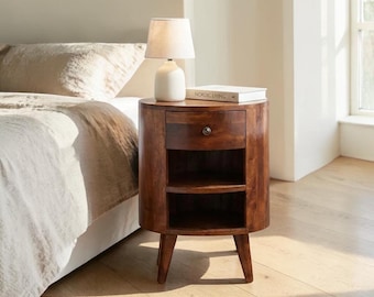 Handcrafted Solid Mango Wood Nightstand – California Walnut Bedside Table with Drawer & Open Shelves, Modern Bedroom Storage Furniture