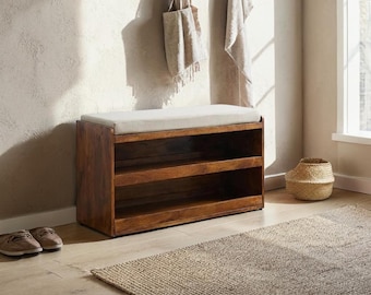 Solid Mango Wood Shoe Storage Bench with Cushion Seat – Entryway Bench with Drawers, Mudroom Organizer, Hallway Seating Furniture