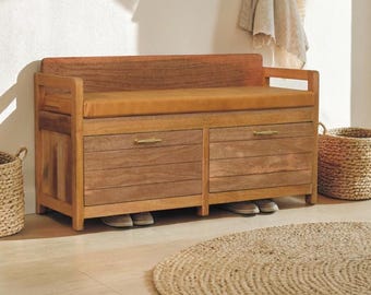 Oxford Solid Mango Wood Storage Bench with Leather Cushion & 2 Drawers – Oak Entryway Shoe Bench Seating Ottoman Hallway