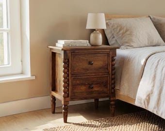 Handcrafted Solid Mango Wood Nightstand – Amber Oak 2 Drawer Bedside Table with Turned Legs, Rustic Bedroom Side Table Storage