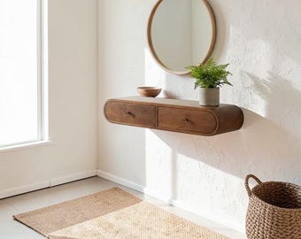 Consola flotante de madera maciza de mango: moderna unidad de almacenamiento de pared para la entrada.