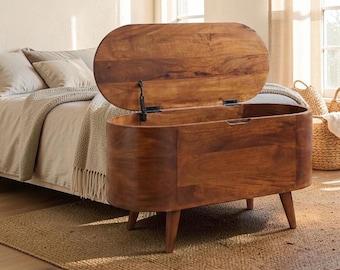 Solid Wood Lid-Up Blanket Box Storage Bench – Chestnut, Walnut & Honey Caramel Trunk Chest, Bedroom Storage Ottoman with Seating