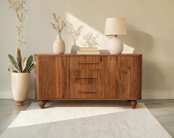 Montara Sideboard – Solid Mango Wood Buffet Cabinet in Golden Teak, 3 Drawer Storage Console, Modern Entryway Cabinet with Brass Handlesd