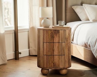 Modern Solid Mango Wood Nightstand 3 Drawer Bedside Table with Brass Knobs Round Design Ball Feet Storage Mango Walnut Bedroom Furniture