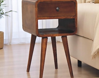 Mini Solid Mango Wood Nightstand Chestnut Finish with Drawer & Shelf –Small Bedside Table Narrow End Table for Small Spaces Modern Furniture