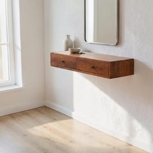 Wall Mounted Nightstand Solid Mango Wood Floating Console with 2 Drawers Chestnut Finish Minimalist Bedside Table Small Space Storage