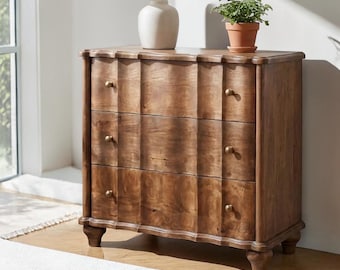 Solid Wood 3 Drawer Dresser Roasted Almond / Acid Wash Finish, Mango Wood Chest of Drawers, Bedroom Storage Cabinet, Vintage Style Furniture