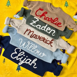 Personalized Hand-Embroidered Baby Name Sweater: Custom Knit Gift